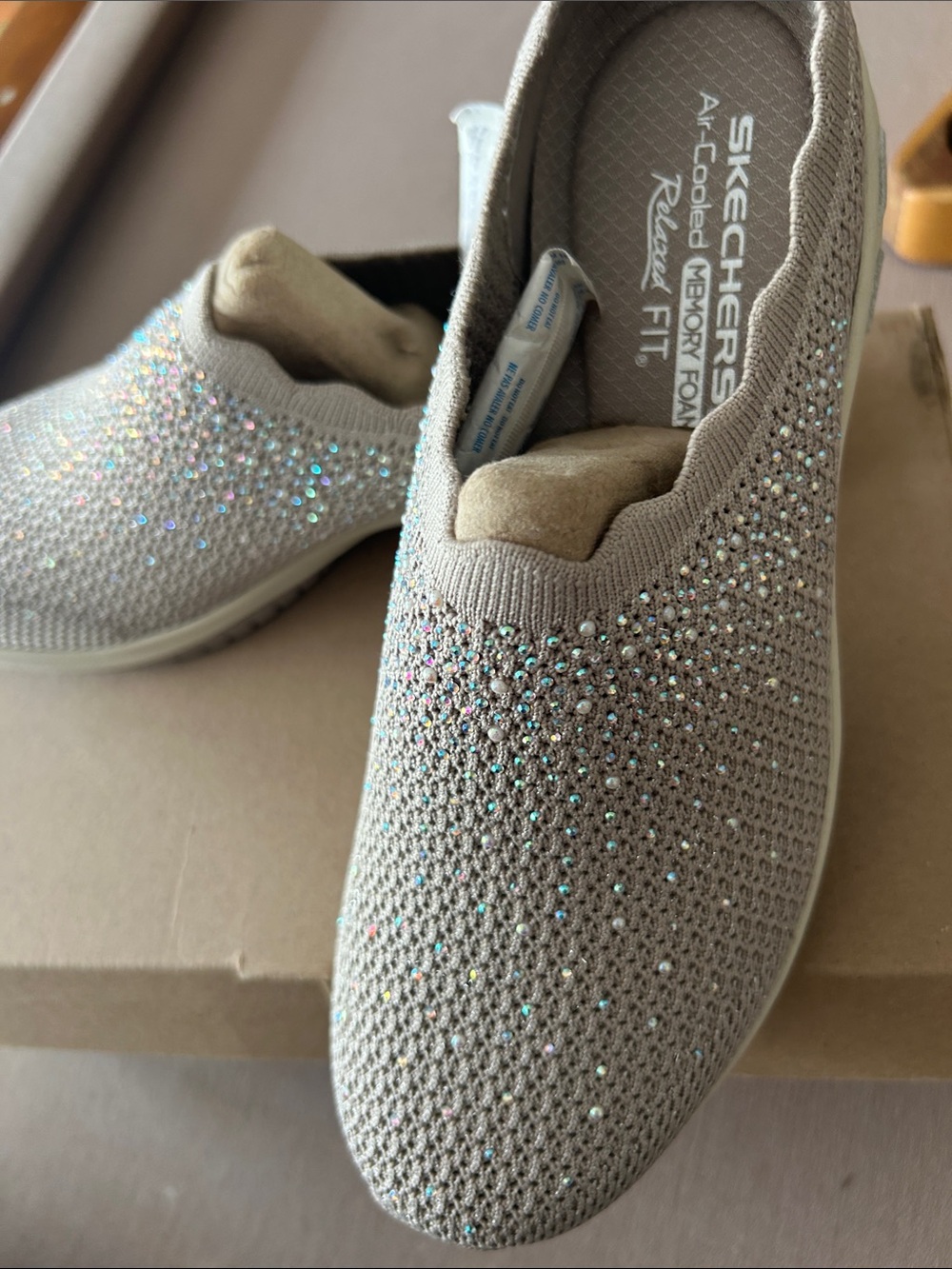 Skechers Women’s Taupe Slip-On Sneakers with Iridescent Rhinestones